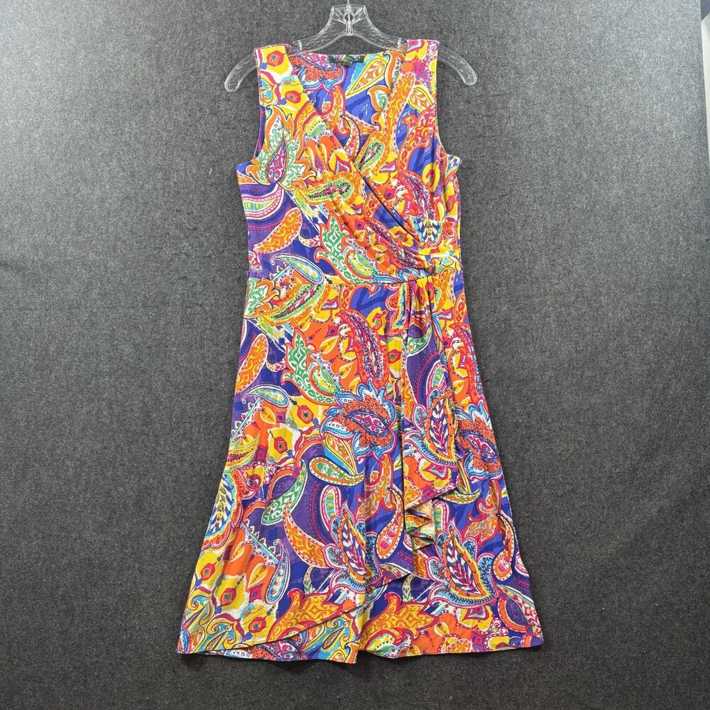 Lauren Ralph Lauren Dress Womens Small Multicolor Paisley Faux Wrap Midi Stretct